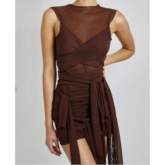 Micas Dresses & Skirts - Micas Sheer Mesh Wrap Tie Ribbon Mini Dress BROWN Size XL